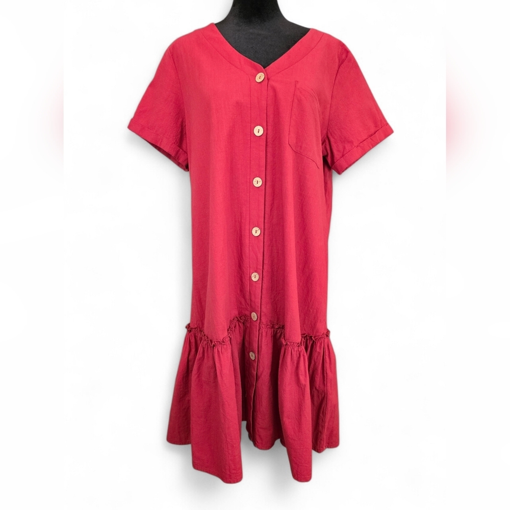 Red Cotton Button Front Shirt Dress Ruffle Hem Boho Midi Sz Large Summer Casual